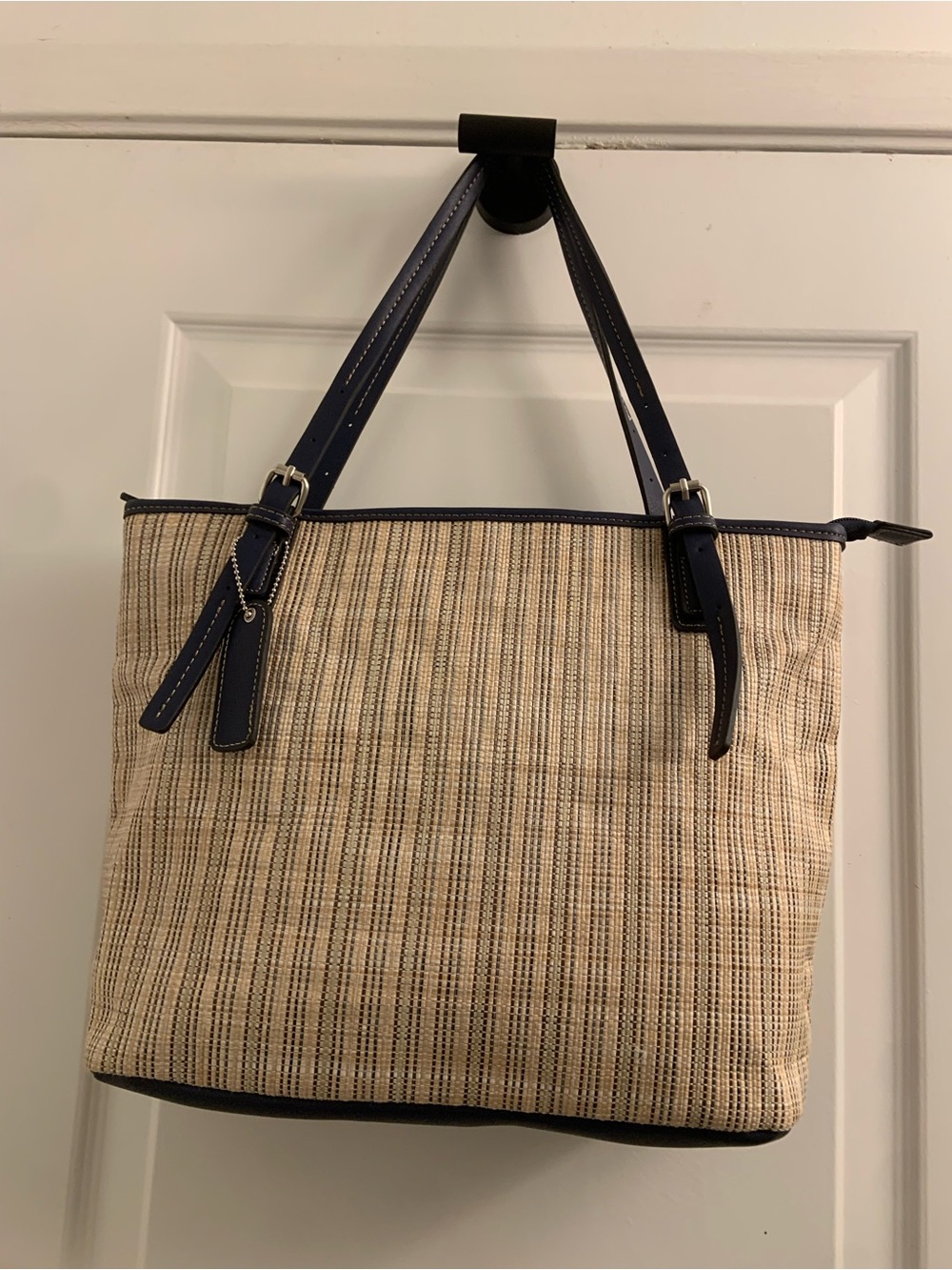 TanJay Straw-Style Tote with Navy Trim and Handles
